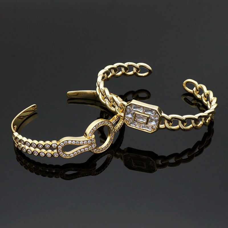 Wholesale Fashion Design Newest Customized Women China Factory Gold Plated Micro Pave CZ Brass Cuff Bangle Bracelet