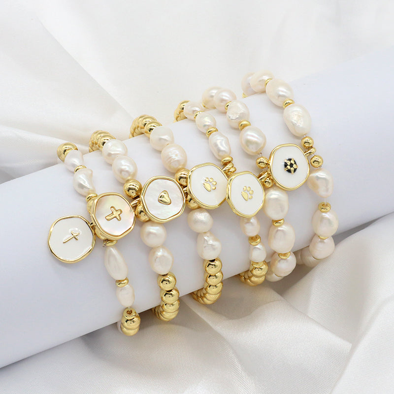 Gold Plated Brass Bead Handmade Custom Women Gift Natural Fresh Water Pearl Bracelet With Enamel Charm