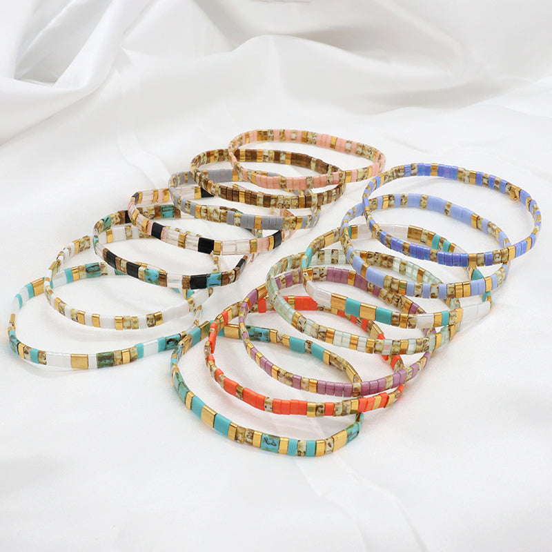 Wholesale Handmade Fashion Women Girl Gift Custom Boho Colorful Miyuki Jewelry Elastic Flat Tila Tile Miyuki Seed Bead Bracelet