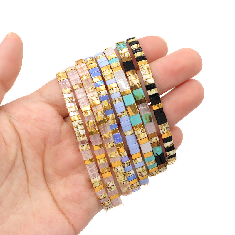 Wholesale Handmade Fashion Women Girl Gift Custom Boho Colorful Miyuki Jewelry Elastic Flat Tila Tile Miyuki Seed Bead Bracelet