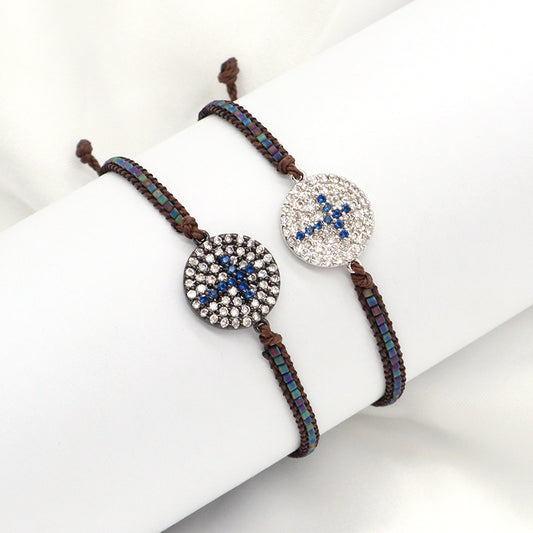 Customized OEM Wholesale Fashion Women Handmade Jewelry Adjustable CZ Braided Woven Macrame Miyuki Beads Cross Charm Bracelet