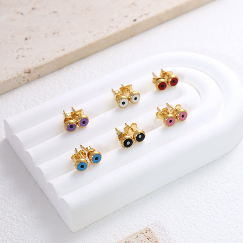 Wholesale Custom Red Pink White Purple Blue Black Small Dainty Gold Plated Stainless Steel Evil Eyes Stud Earrings For Women