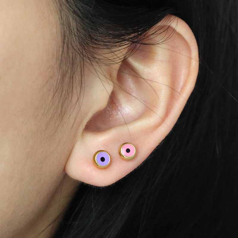 Wholesale Custom Red Pink White Purple Blue Black Small Dainty Gold Plated Stainless Steel Evil Eyes Stud Earrings For Women