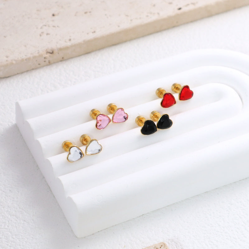 Customized Wholesale Dainty Women Red Pink Black Gold Plated Glass Crystal Love Heart Stainless Steel Stud Earrings For Gift