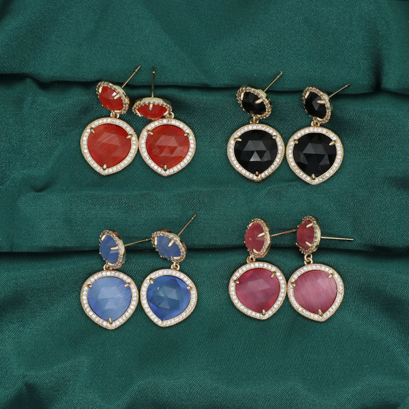 Custom Wholesale Women Blue Black Pink Orange Drop Dangle Colored Healing Stud Earrings CZ Gold Plated Natural Stone Earrings