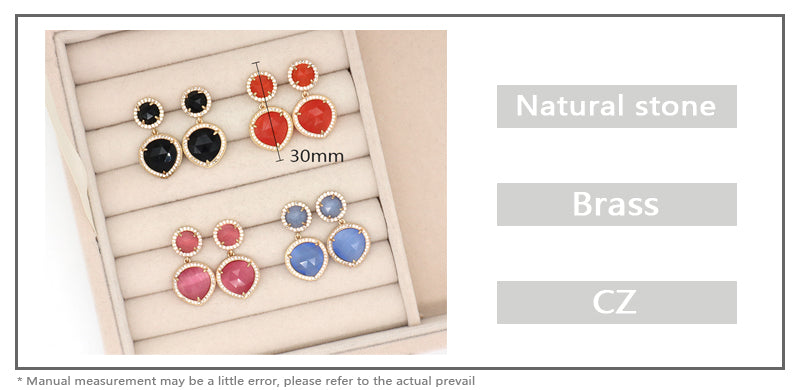Custom Wholesale Women Blue Black Pink Orange Drop Dangle Colored Healing Stud Earrings CZ Gold Plated Natural Stone Earrings