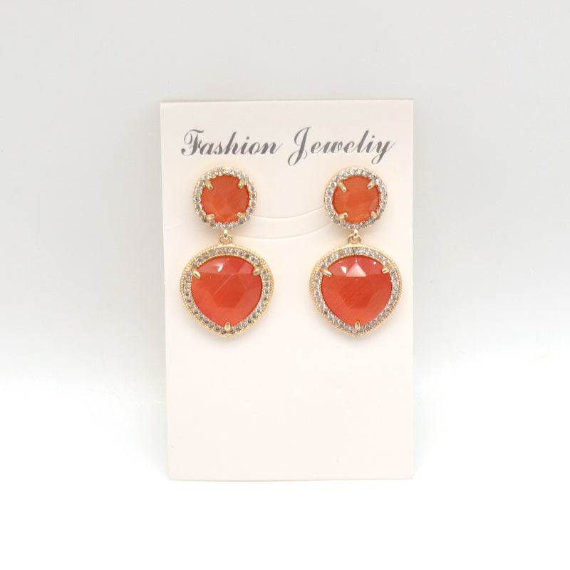 Custom Wholesale Women Blue Black Pink Orange Drop Dangle Colored Healing Stud Earrings CZ Gold Plated Natural Stone Earrings