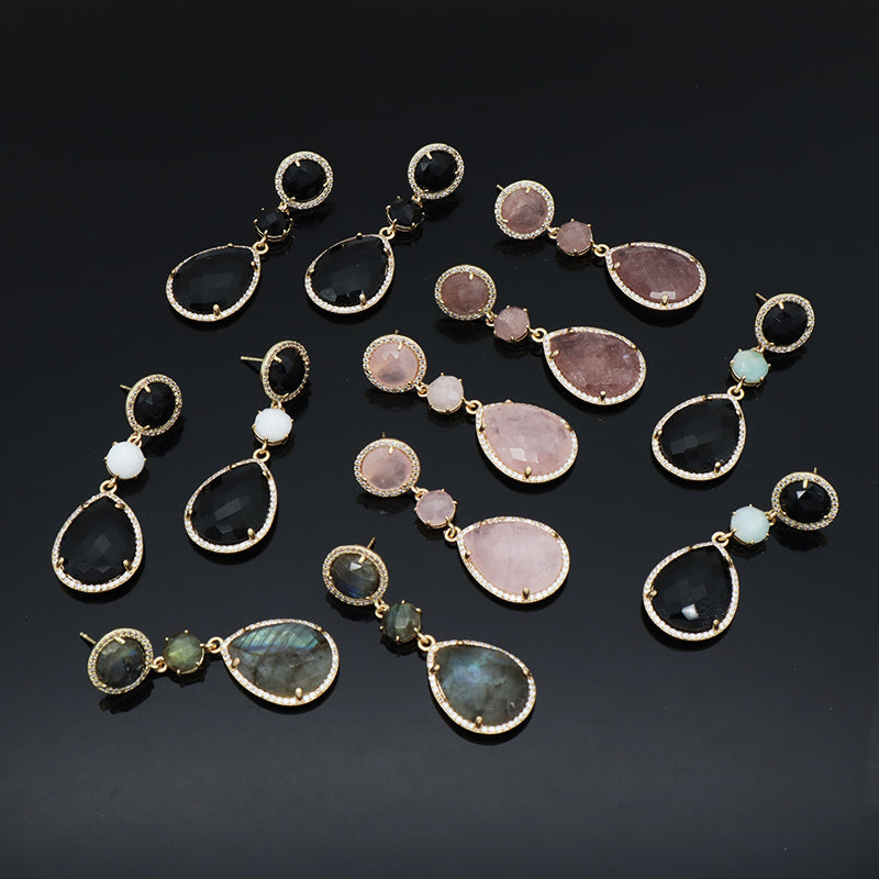 Black Pink Stone Drop Dangle Earring Stud Jewelry Gift Custom Wholesale CZ Gold Plated Natural Healing Stone Earrings For Women