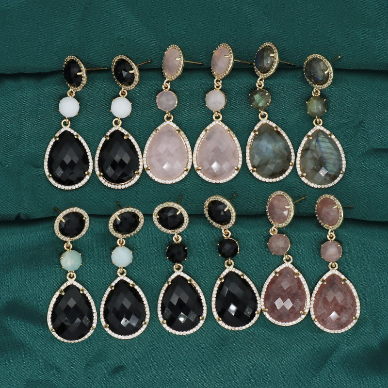 Black Pink Stone Drop Dangle Earring Stud Jewelry Gift Custom Wholesale CZ Gold Plated Natural Healing Stone Earrings For Women