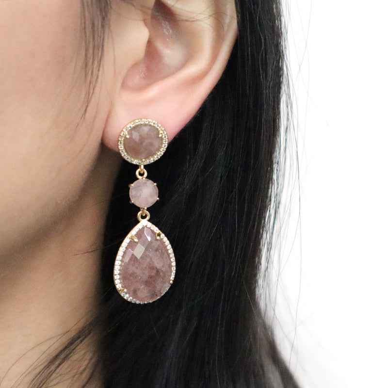 Black Pink Stone Drop Dangle Earring Stud Jewelry Gift Custom Wholesale CZ Gold Plated Natural Healing Stone Earrings For Women