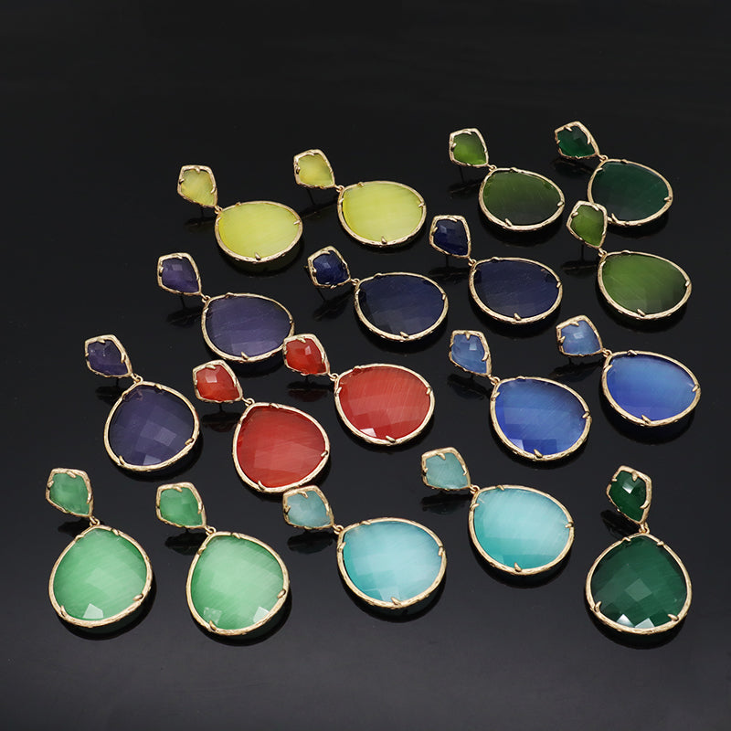 Fashion Design Custom Blue Green Yellow Purple Earrings Stud Jewelry Women Gold Plated Water Drop Healing Natural Stone Earrings