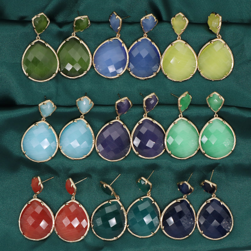 Fashion Design Custom Blue Green Yellow Purple Earrings Stud Jewelry Women Gold Plated Water Drop Healing Natural Stone Earrings