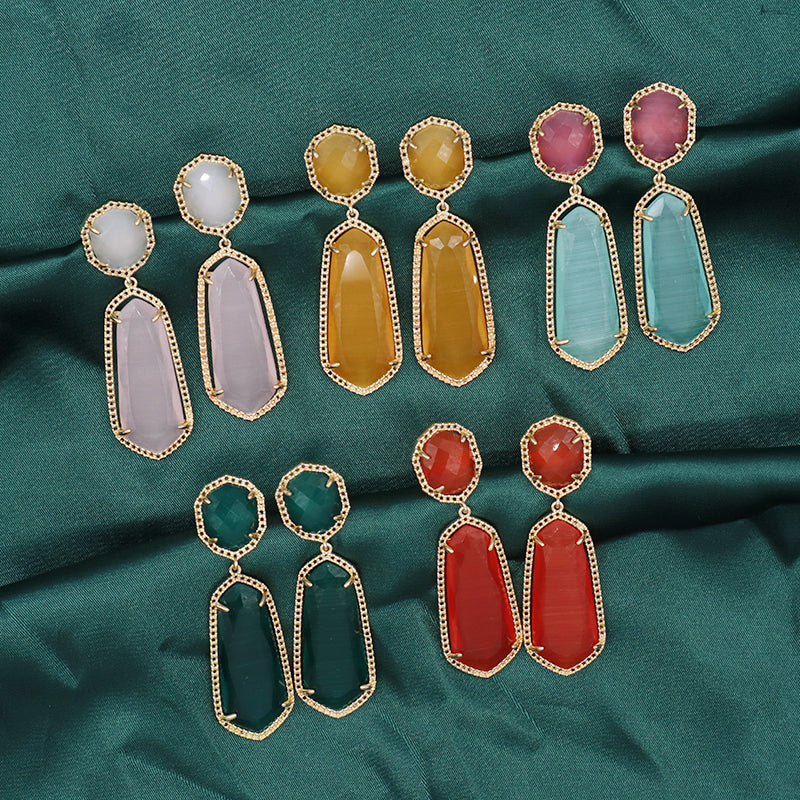 Wholesale Custom Yellow Pink Blue Orange Earrings Stud Women Gift Jewelry Gold Plated Dangle Drop Healing Natural Stone Earrings