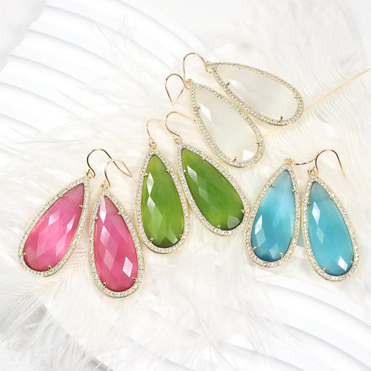 Wholesale Custom Green Pink Blue White CZ Gooseneck Earrings Women Gift Jewelry Gold Plated Dangle Drop Natural Stone Earrings