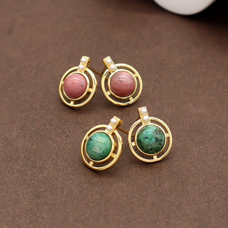 Wholesale Customized Fresh Water Pearl Earrings Stud Women Gift Jewelry Gold Plated Green Pink Natural Stone Stud Earrings