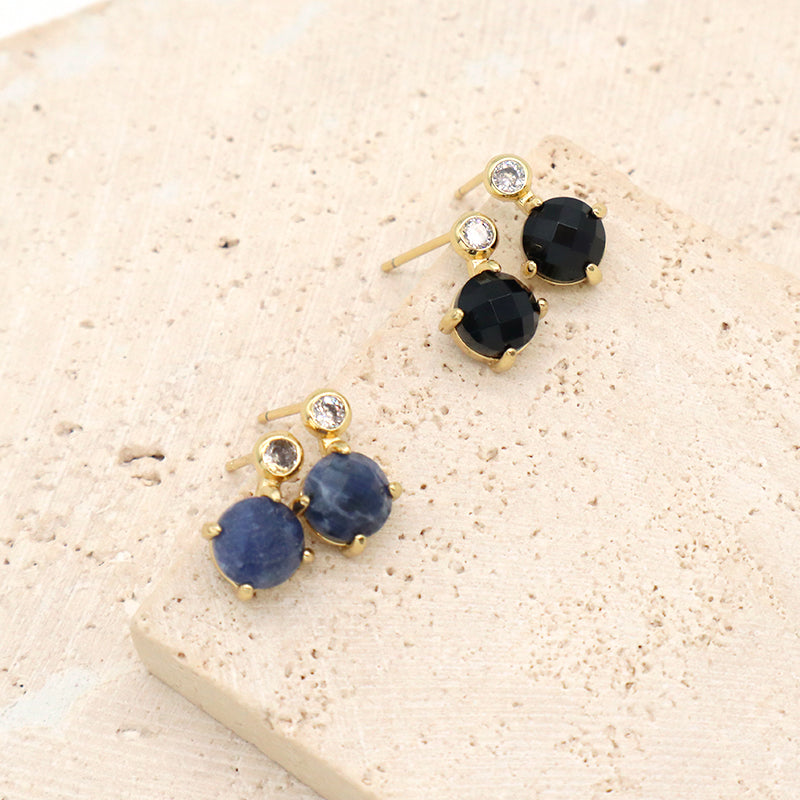 Custom Wholesale Fashion Round CZ Earrings Stud Jewelry Gold Plated Black Blue Natural Stone Stud Earrings For Women Gift