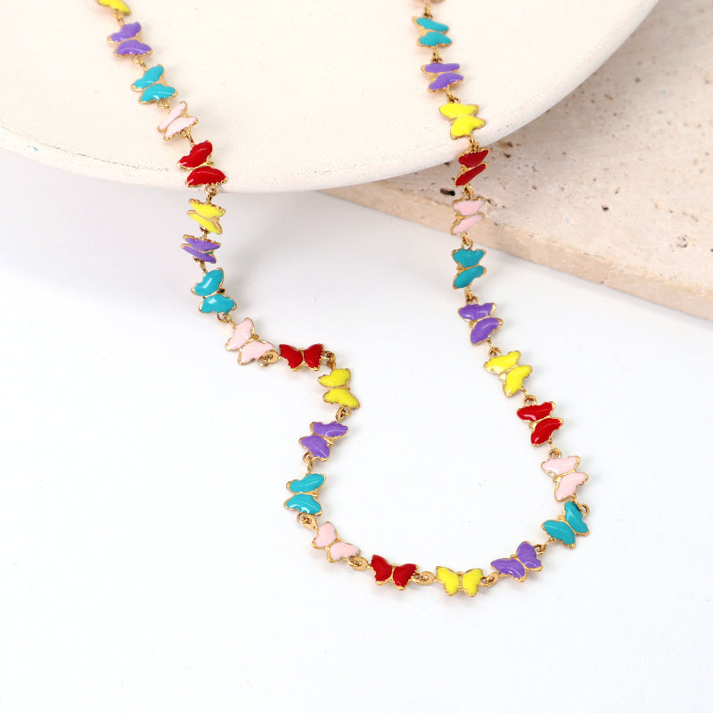 Customized New Fashion Factory Wholesale Jewelry Gold Plated Stainless Steel Colorful Enamel Butterfly Necklace For Women Gift