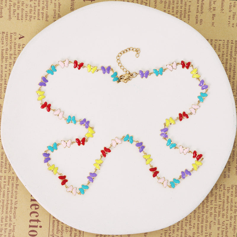 Customized New Fashion Factory Wholesale Jewelry Gold Plated Stainless Steel Colorful Enamel Butterfly Necklace For Women Gift