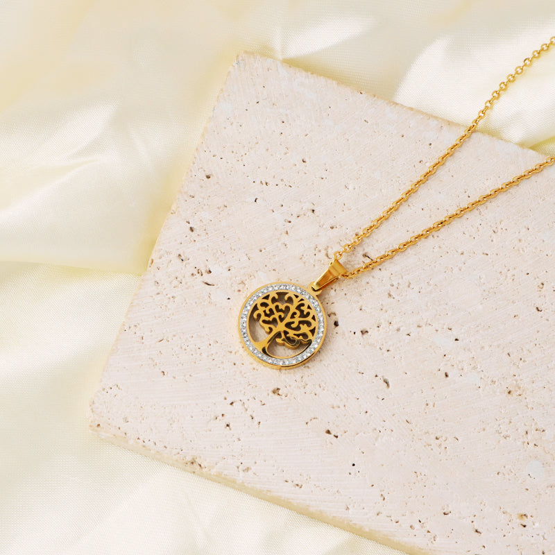 New Fashion Wholesale Customized China Factory Jewelry CZ Gold Plated Stainless Steel Life Tree Pendant Necklace For Women