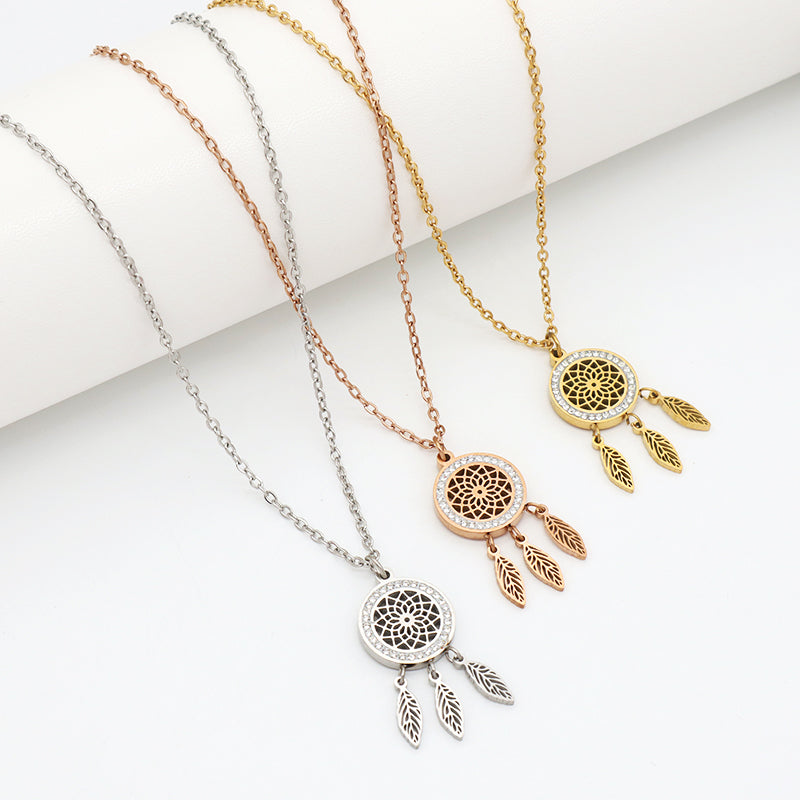 New Factory Wholesale Fashion Custom Women Jewelry Gold Plated CZ Stainless Steel Hollowed Out Flower Leaf Pendant Necklace