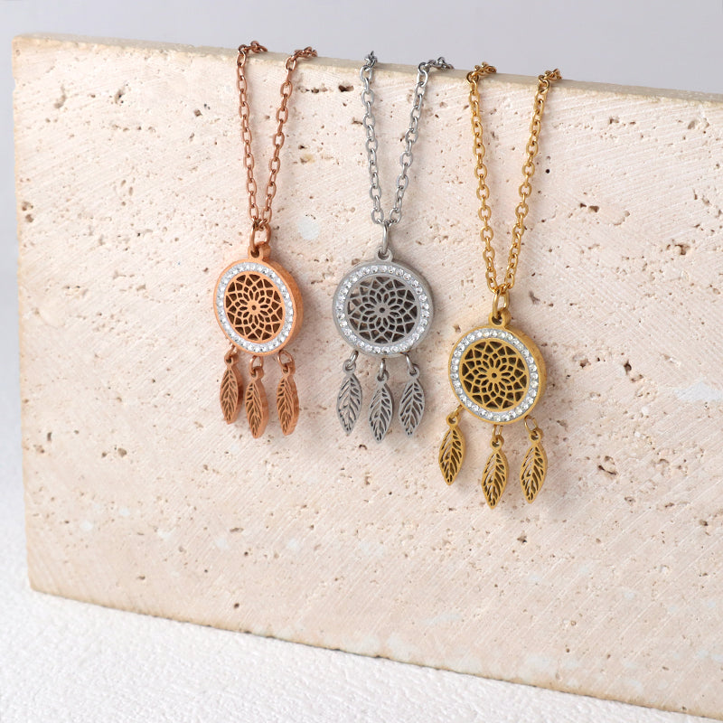 New Factory Wholesale Fashion Custom Women Jewelry Gold Plated CZ Stainless Steel Hollowed Out Flower Leaf Pendant Necklace