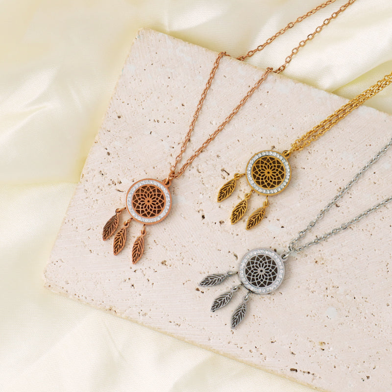 New Factory Wholesale Fashion Custom Women Jewelry Gold Plated CZ Stainless Steel Hollowed Out Flower Leaf Pendant Necklace