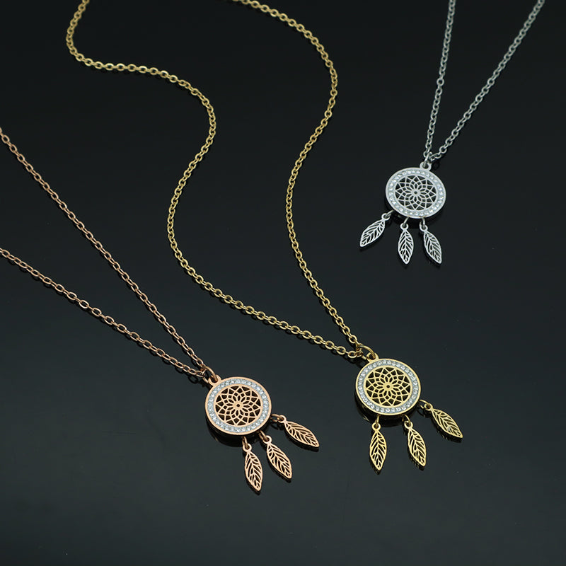 New Factory Wholesale Fashion Custom Women Jewelry Gold Plated CZ Stainless Steel Hollowed Out Flower Leaf Pendant Necklace