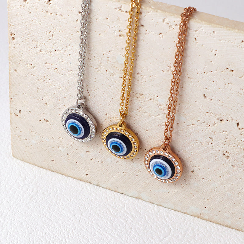 Newest Fashion Factory Wholesale Customized Jewelry Gold Plated CZ Stainless Steel Evil Eyes Pendant Necklace For Women Gift
