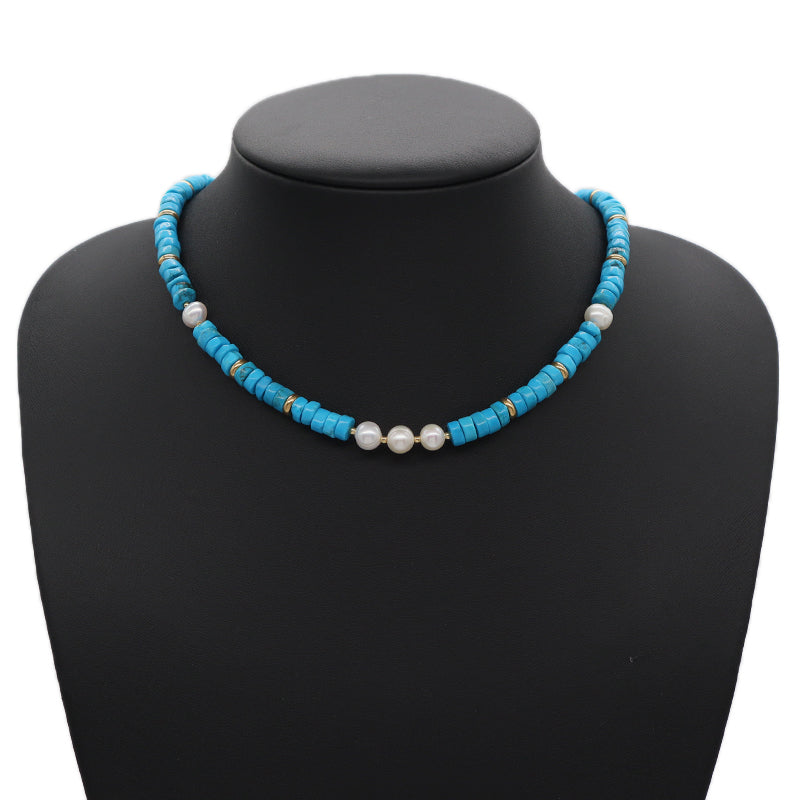 OEM Wholesale Handmade Women Custom Gold Plated Charm Fresh Water Pearl Blue Turquoise Jasper Natural Stone Beads Necklace
