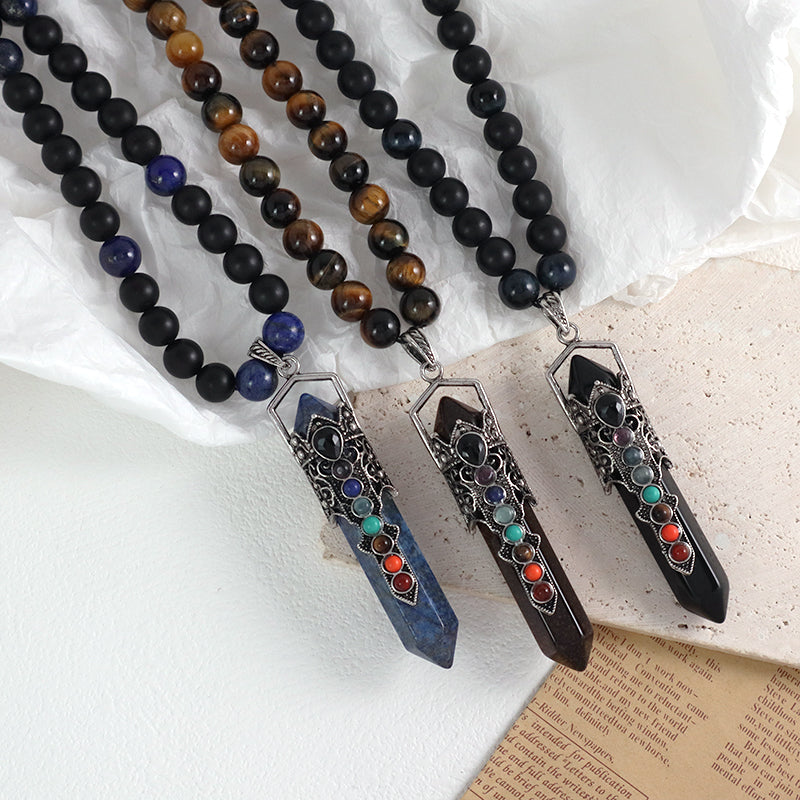 Custom OEM Handmade Woven 8mm Lapis Onyx Tiger Eye Natural Stone Beads Ajustable Macrame Hexagon Pendant Necklace For Men Women