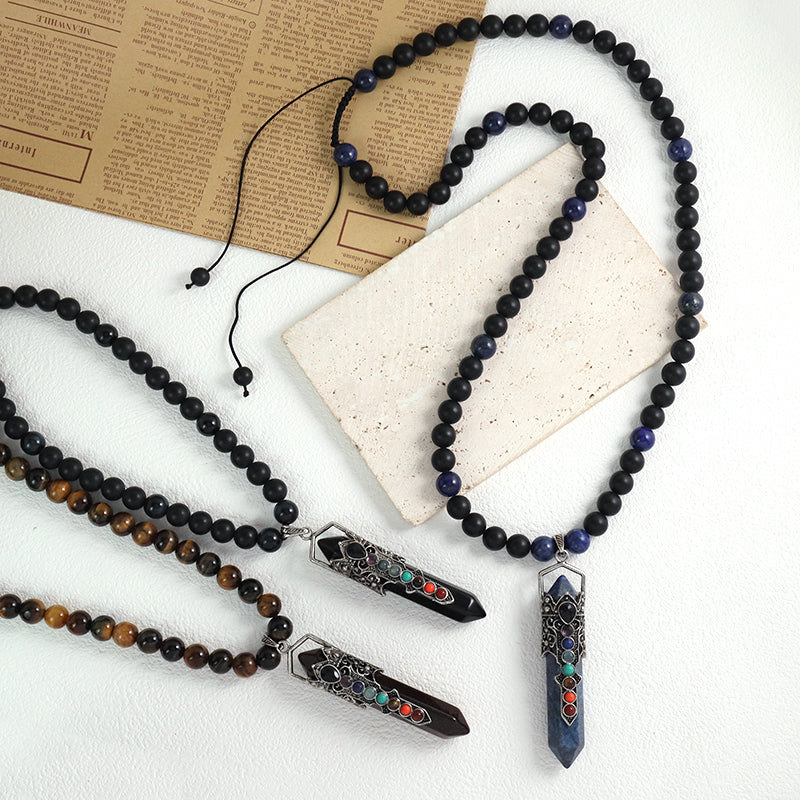 Custom OEM Handmade Woven 8mm Lapis Onyx Tiger Eye Natural Stone Beads Ajustable Macrame Hexagon Pendant Necklace For Men Women