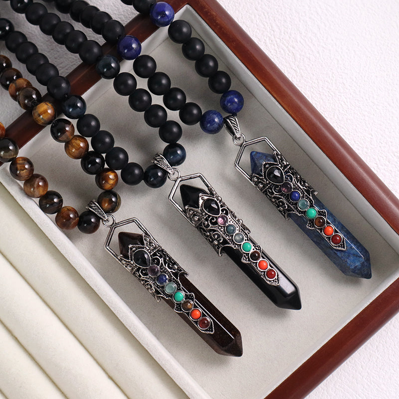 Custom OEM Handmade Woven 8mm Lapis Onyx Tiger Eye Natural Stone Beads Ajustable Macrame Hexagon Pendant Necklace For Men Women