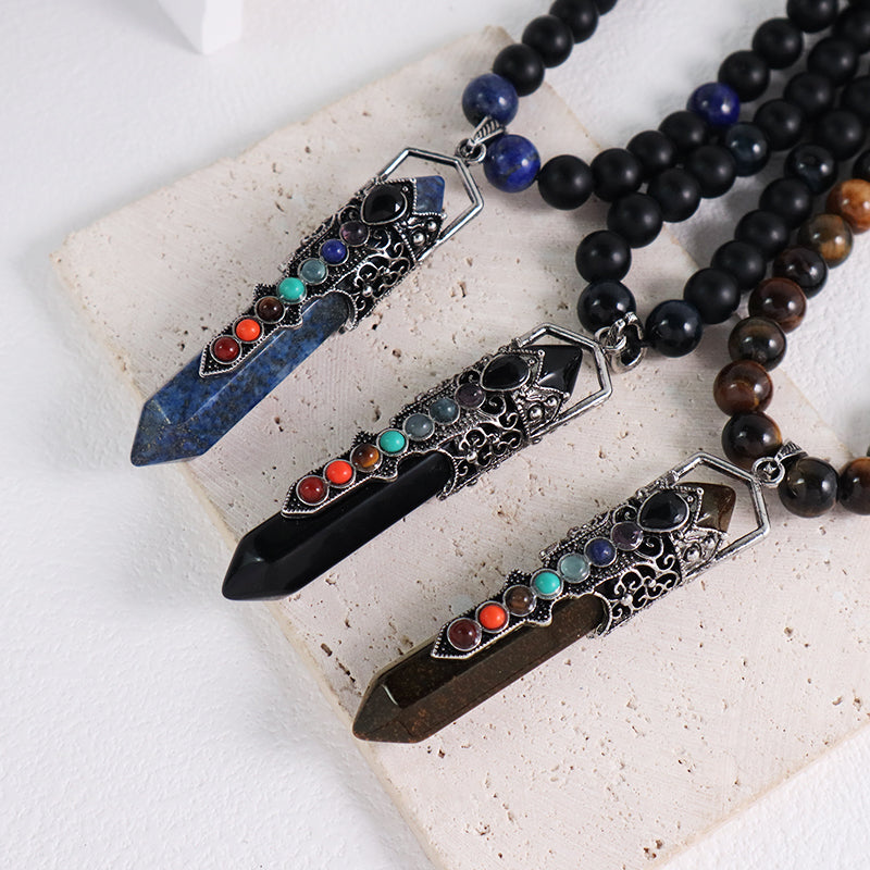 Custom OEM Handmade Woven 8mm Lapis Onyx Tiger Eye Natural Stone Beads Ajustable Macrame Hexagon Pendant Necklace For Men Women