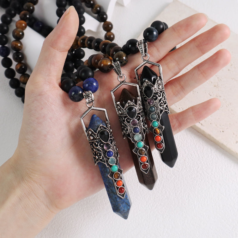 Custom OEM Handmade Woven 8mm Lapis Onyx Tiger Eye Natural Stone Beads Ajustable Macrame Hexagon Pendant Necklace For Men Women