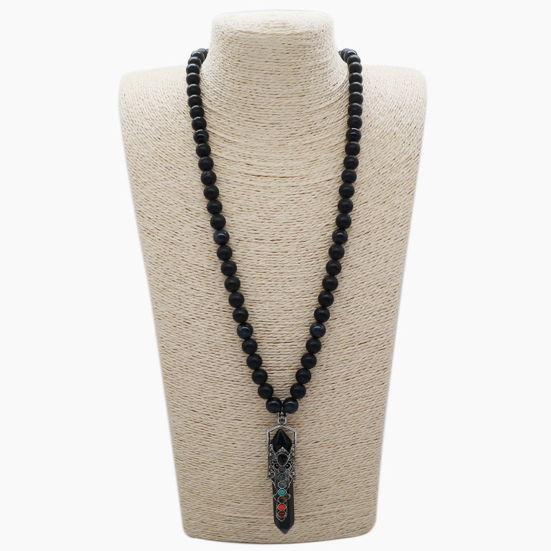 Custom OEM Handmade Woven 8mm Lapis Onyx Tiger Eye Natural Stone Beads Ajustable Macrame Hexagon Pendant Necklace For Men Women