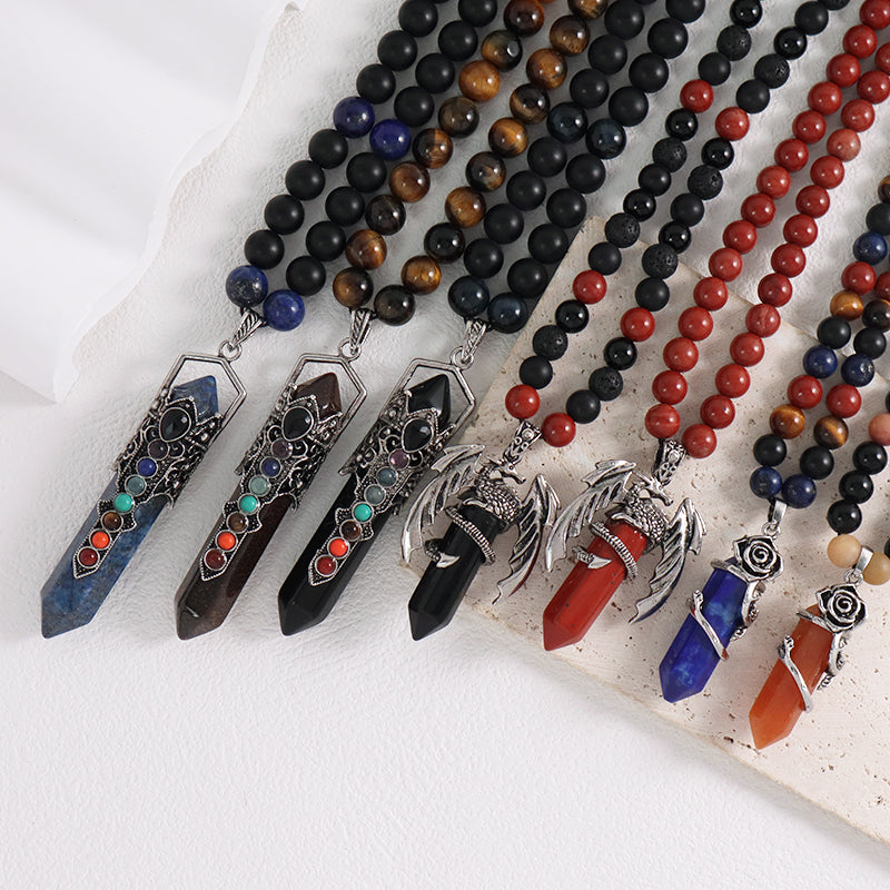 Newest 8mm Gemstone Natural Stone Beads Custom OEM Handmade Ajustable Woven Macrame Hexagon Rose Pendant Necklace For Men Women