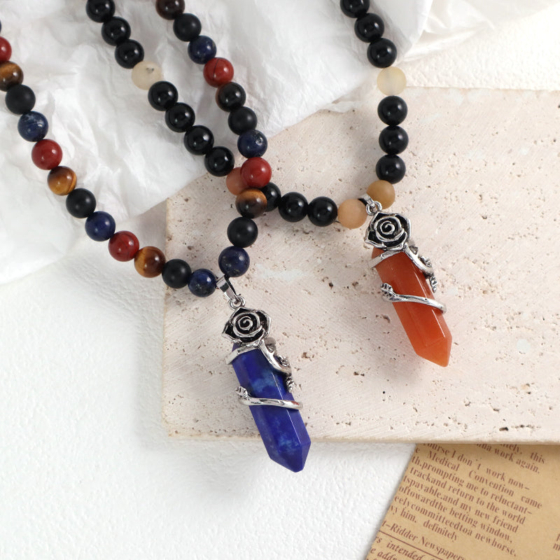 Newest 8mm Gemstone Natural Stone Beads Custom OEM Handmade Ajustable Woven Macrame Hexagon Rose Pendant Necklace For Men Women