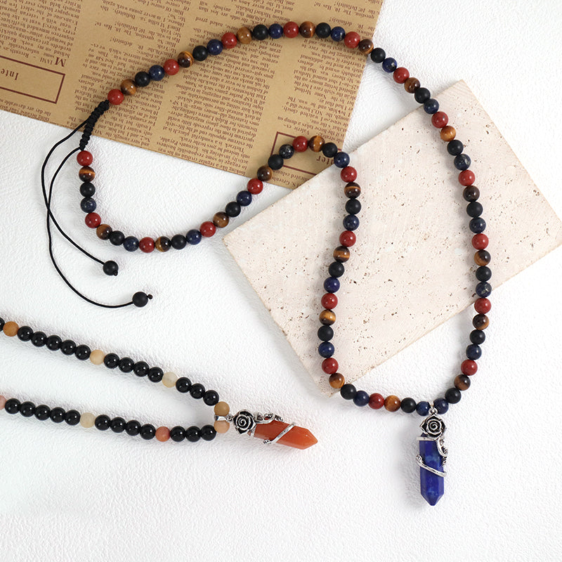 Newest 8mm Gemstone Natural Stone Beads Custom OEM Handmade Ajustable Woven Macrame Hexagon Rose Pendant Necklace For Men Women