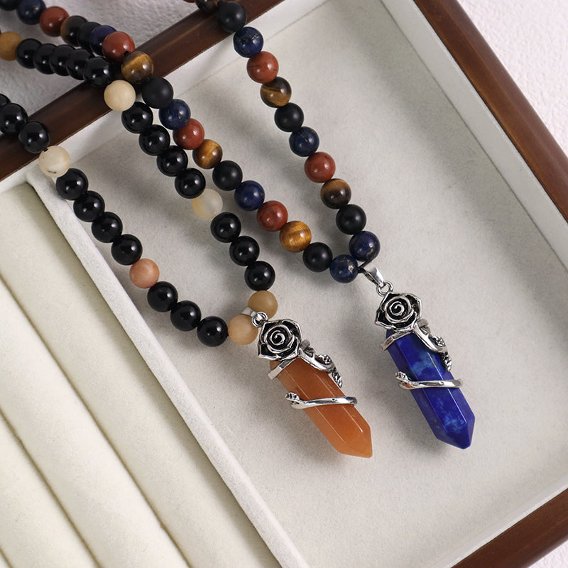 Newest 8mm Gemstone Natural Stone Beads Custom OEM Handmade Ajustable Woven Macrame Hexagon Rose Pendant Necklace For Men Women