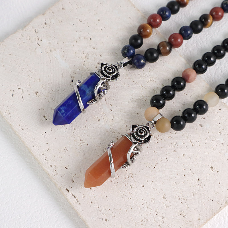Newest 8mm Gemstone Natural Stone Beads Custom OEM Handmade Ajustable Woven Macrame Hexagon Rose Pendant Necklace For Men Women