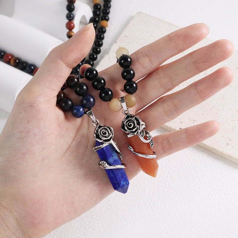 Newest 8mm Gemstone Natural Stone Beads Custom OEM Handmade Ajustable Woven Macrame Hexagon Rose Pendant Necklace For Men Women