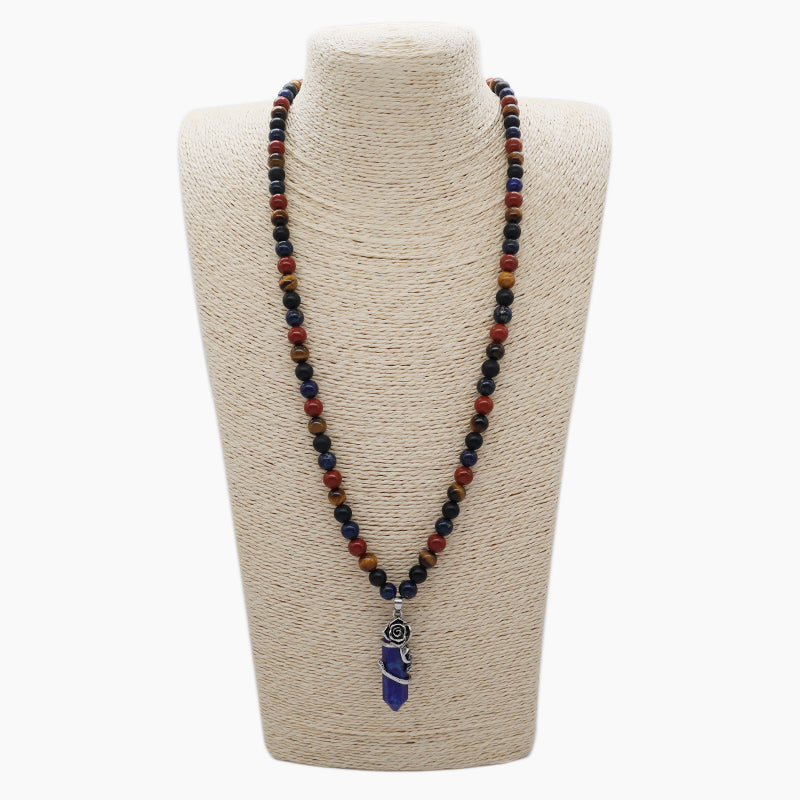 Newest 8mm Gemstone Natural Stone Beads Custom OEM Handmade Ajustable Woven Macrame Hexagon Rose Pendant Necklace For Men Women