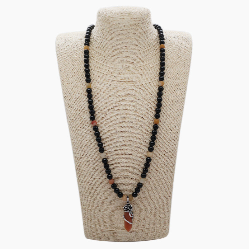 Newest 8mm Gemstone Natural Stone Beads Custom OEM Handmade Ajustable Woven Macrame Hexagon Rose Pendant Necklace For Men Women