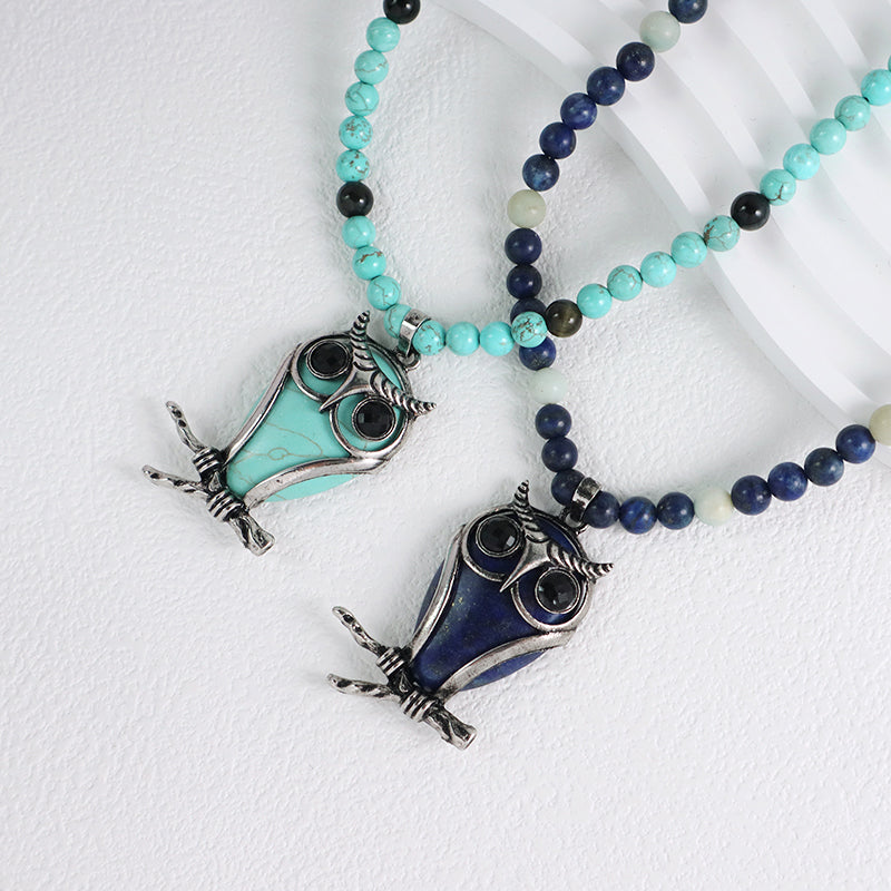 Handmade Wholesale Custom OEM 6mm Natural Stone Beads Ajustable Stainless Steel Tail Chain Owl Pendant Necklace For Men Women