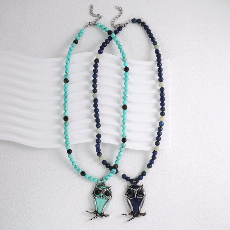 Handmade Wholesale Custom OEM 6mm Natural Stone Beads Ajustable Stainless Steel Tail Chain Owl Pendant Necklace For Men Women