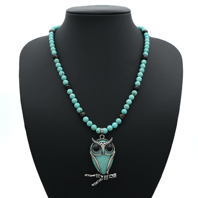 Handmade Wholesale Custom OEM 6mm Natural Stone Beads Ajustable Stainless Steel Tail Chain Owl Pendant Necklace For Men Women