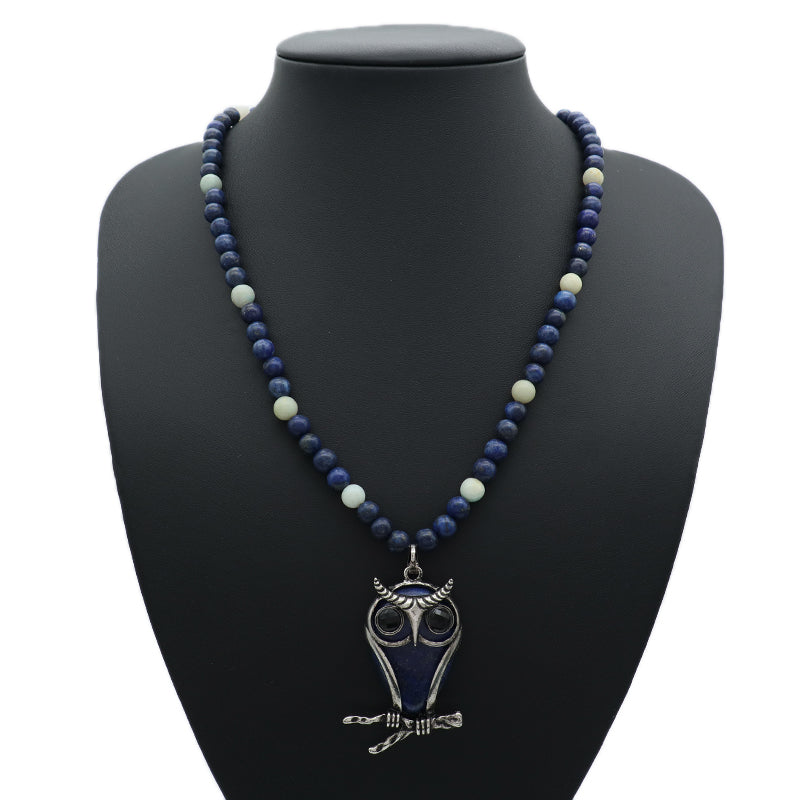 Handmade Wholesale Custom OEM 6mm Natural Stone Beads Ajustable Stainless Steel Tail Chain Owl Pendant Necklace For Men Women