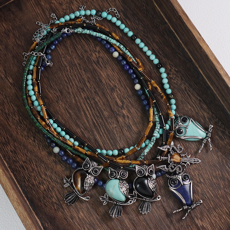 Handmade Wholesale Custom OEM 6mm Natural Stone Beads Ajustable Stainless Steel Tail Chain Owl Pendant Necklace For Men Women