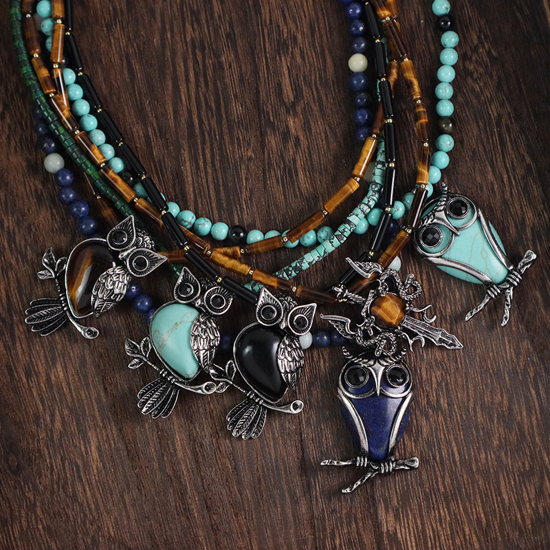 Handmade Wholesale Custom OEM 6mm Natural Stone Beads Ajustable Stainless Steel Tail Chain Owl Pendant Necklace For Men Women