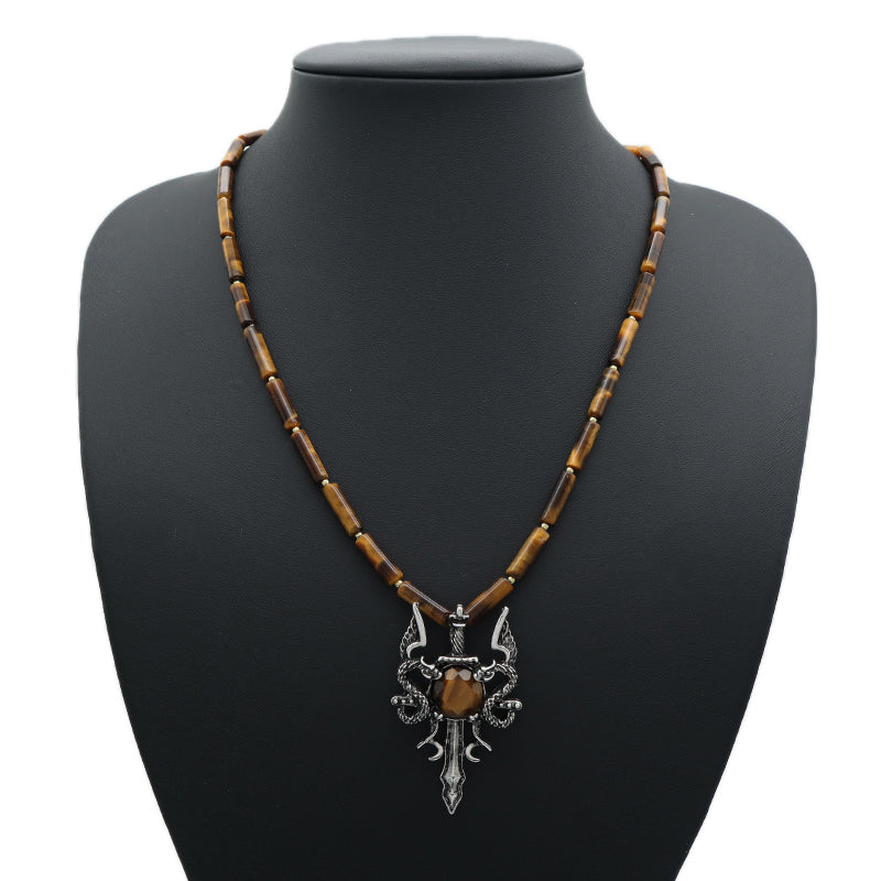 OEM Handmade Wholesale Custom Men Women Natural Stone Beads Ajustable Stainless Steel Tail Chain Sword Dragon Pendant Necklace